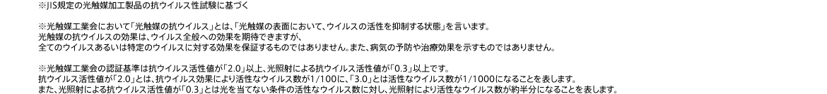 ※JIS規定の光触媒加工製品の抗ウイルス性試験に基づく※光触媒工業会において「光触媒の抗ウイルス」とは、「光触媒の表面において、ウイルスの活性を抑制する状態」を言います。光触媒の抗ウイルスの効果は、ウイルス全般への効果を期待できますが、全てのウイルスあるいは特定のウイルスに対する効果を保証するものではありません。また、病気の予防や治療効果を示すものではありません。※光触媒工業会の認証基準は抗ウイルス活性値が「2.0」以上、光照射による抗ウイルス活性値が「0.3」以上です。抗ウイルス活性値が「2.0」とは、抗ウイルス効果により活性なウイルス数が1/100に、「3.0」とは活性なウイルス数が1/1000になることを表します。また、光照射による抗ウイルス活性値が「0.3」とは光を当てない条件の活性なウイルス数に対し、光照射により活性なウイルス数が約半分になることを表します。